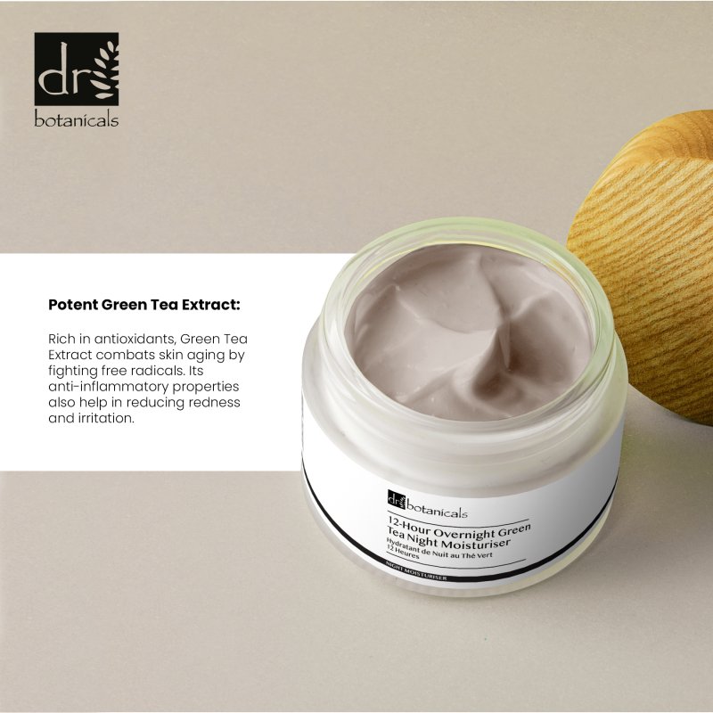 Jar of moisturizer with green tea extract on a beige background