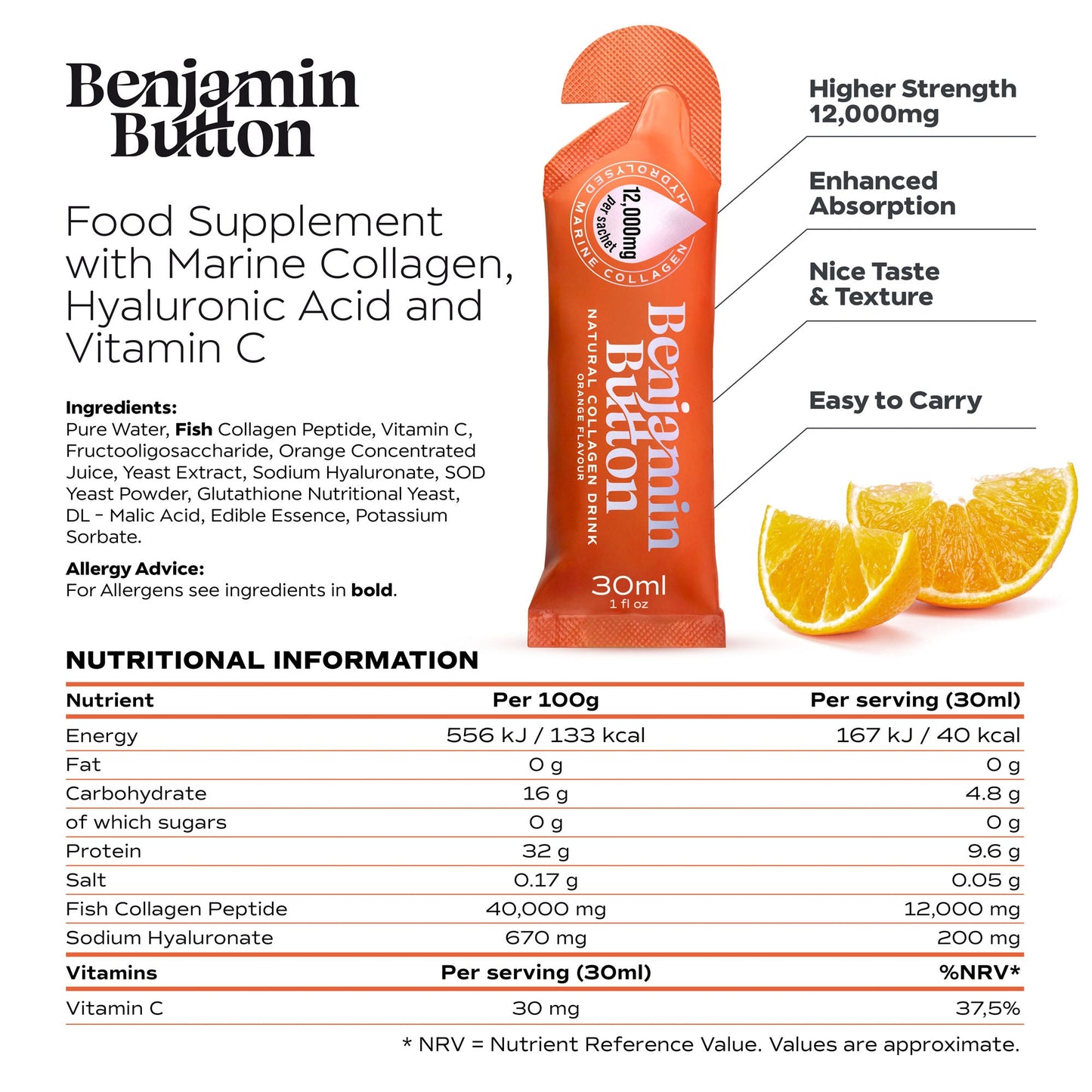 Benjamin Button 12,000mg Marine Collagen Liquid Sachets Orange 30ml x14