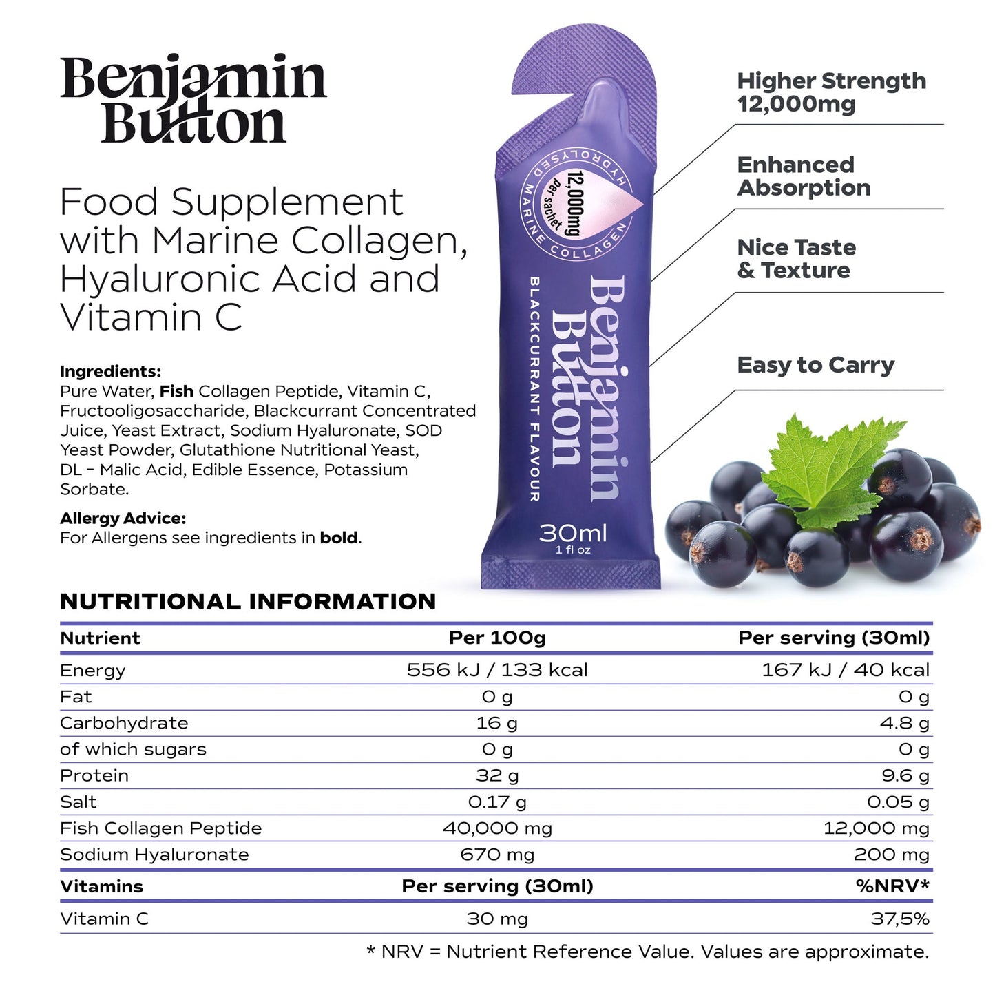 Benjamin Button 12,000mg Marine Collagen Liquid Sachets Blackcurrant 30ml x14