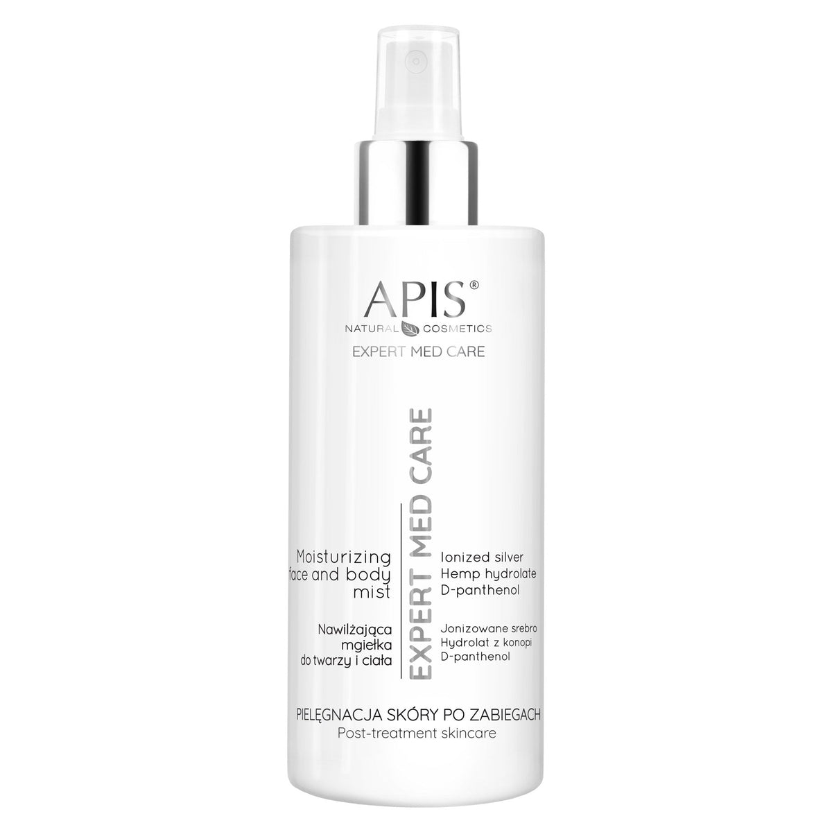 A white bottle of APIS Naturals Cosmetics Expert Med Care Moisturizing Skin and Body Mist with a silver pump, on a solid white background.