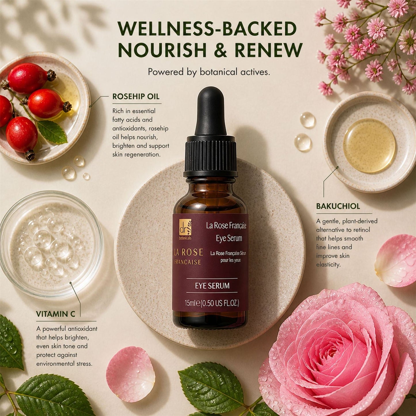 Eye serum bottle with botanical elements and text on a light background