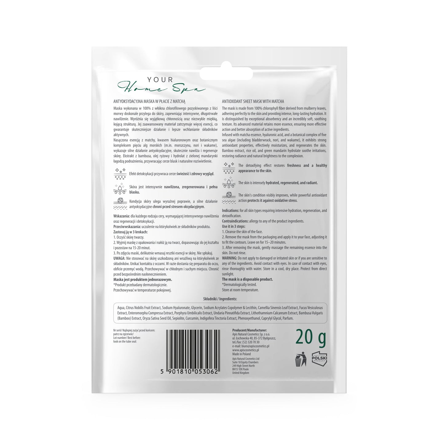 Apis Antioxidant Sheet Mask | Matcha & Marine Algae | 20g