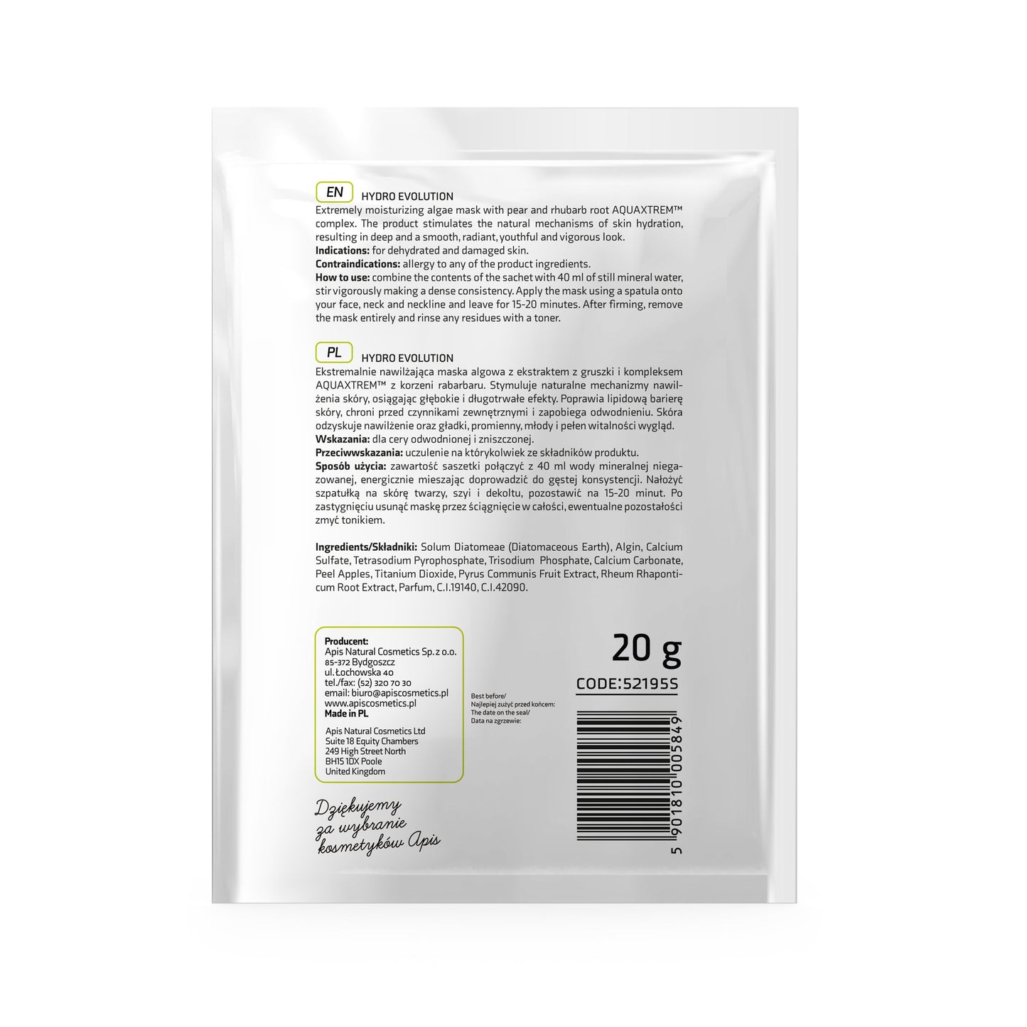 Apis Hydro Evolution Moisturising Algae Mask | Pear & Rhubarb | 20g