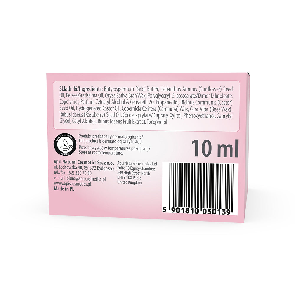Back label of a 10 ml product container with ingredient list and branding details.