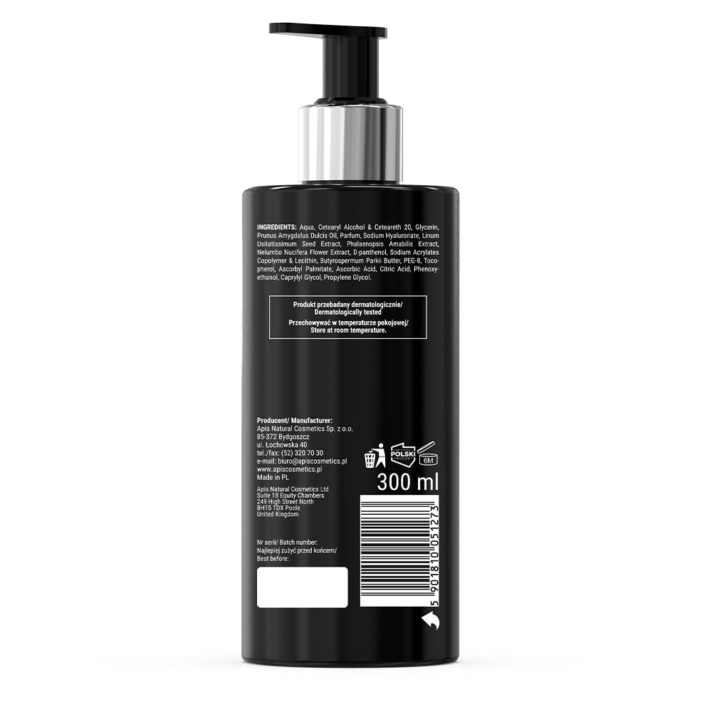 Black bottle with pump and label of Apis Sweet Bloom Moisturising Hand Cream 300ml on a white background