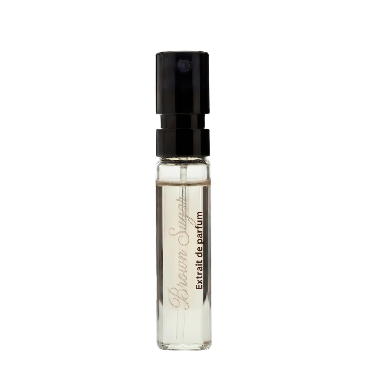 Small perfume bottle with black cap on a white background