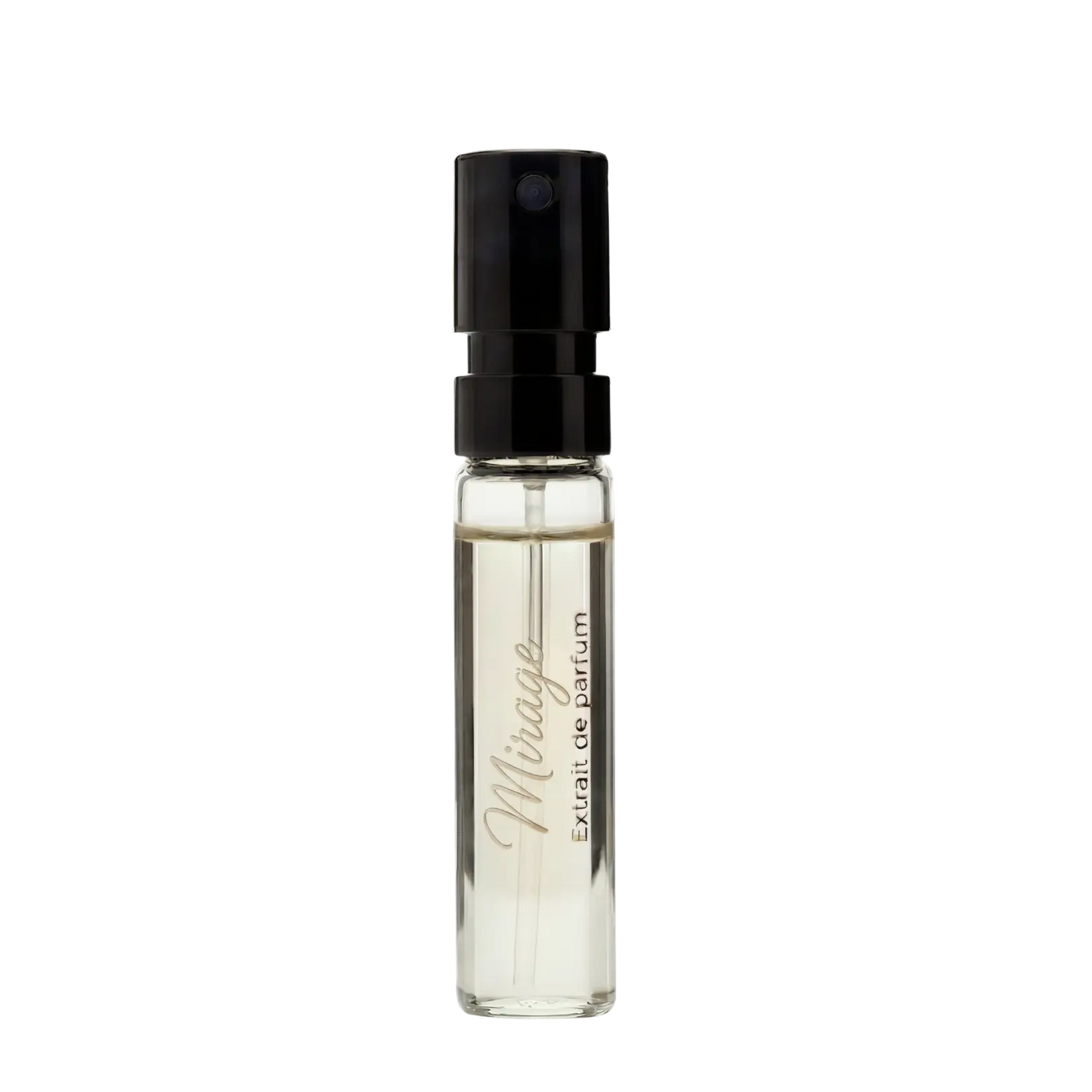 Small glass perfume bottle with black cap on a white background