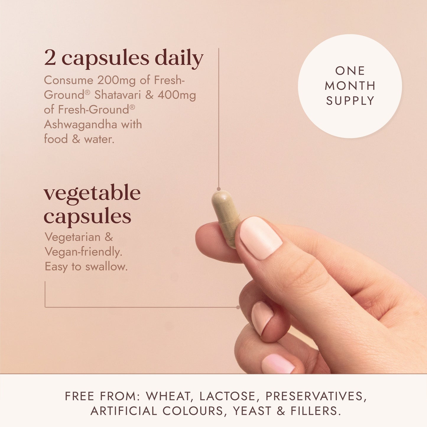 Hand holding a capsule with product information on a beige background