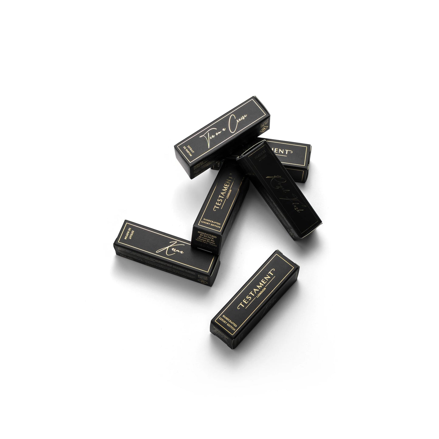 Black and gold boxes with 'Testament' branding on a white background