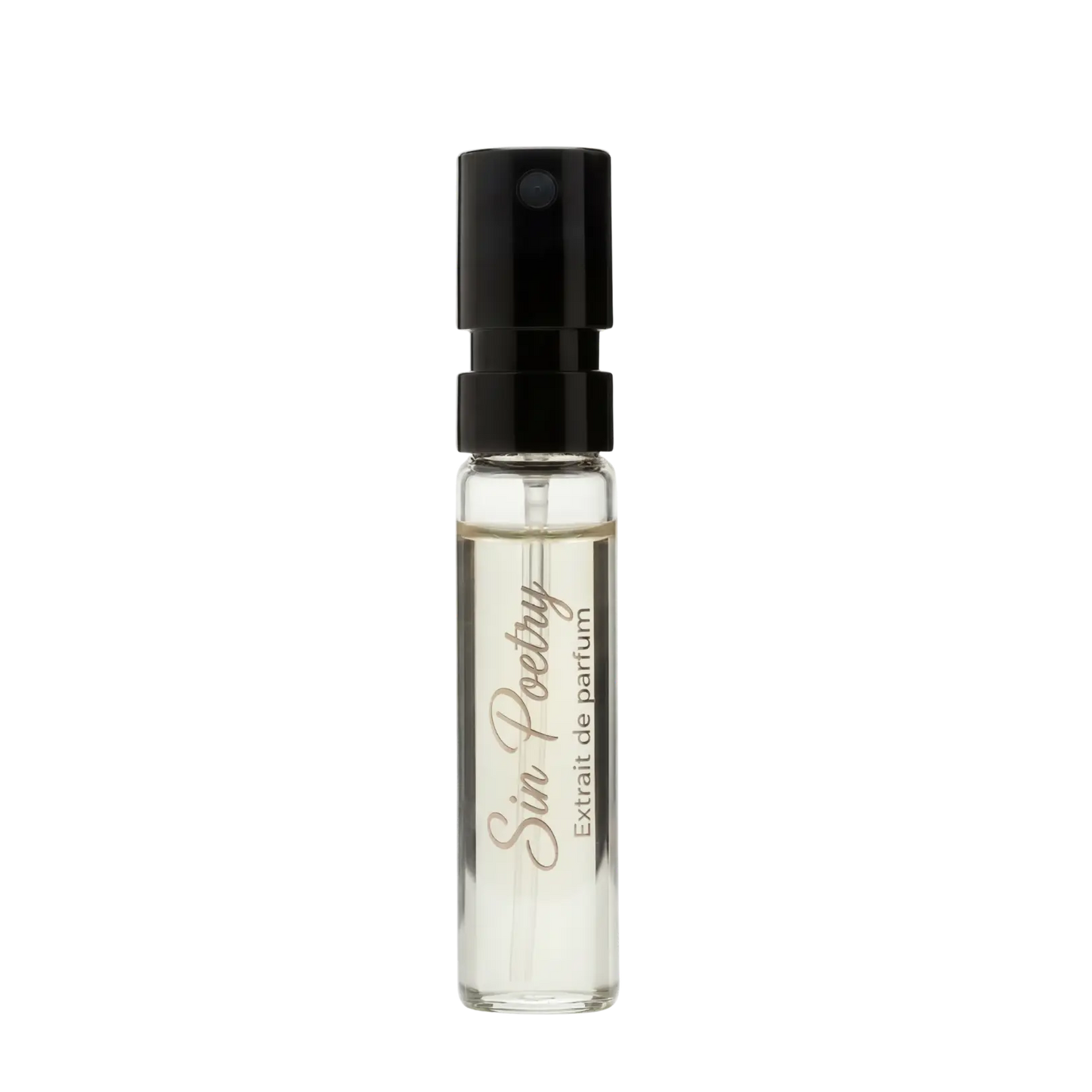 Small perfume bottle labeled 'Sin Poetry' on a white background