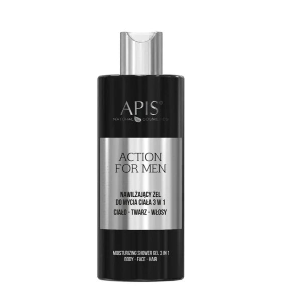 A bottle of APIS Action For Men moisturizing shower gel, featuring a black bottle with a metallic silver label and cap, on a plain white background.