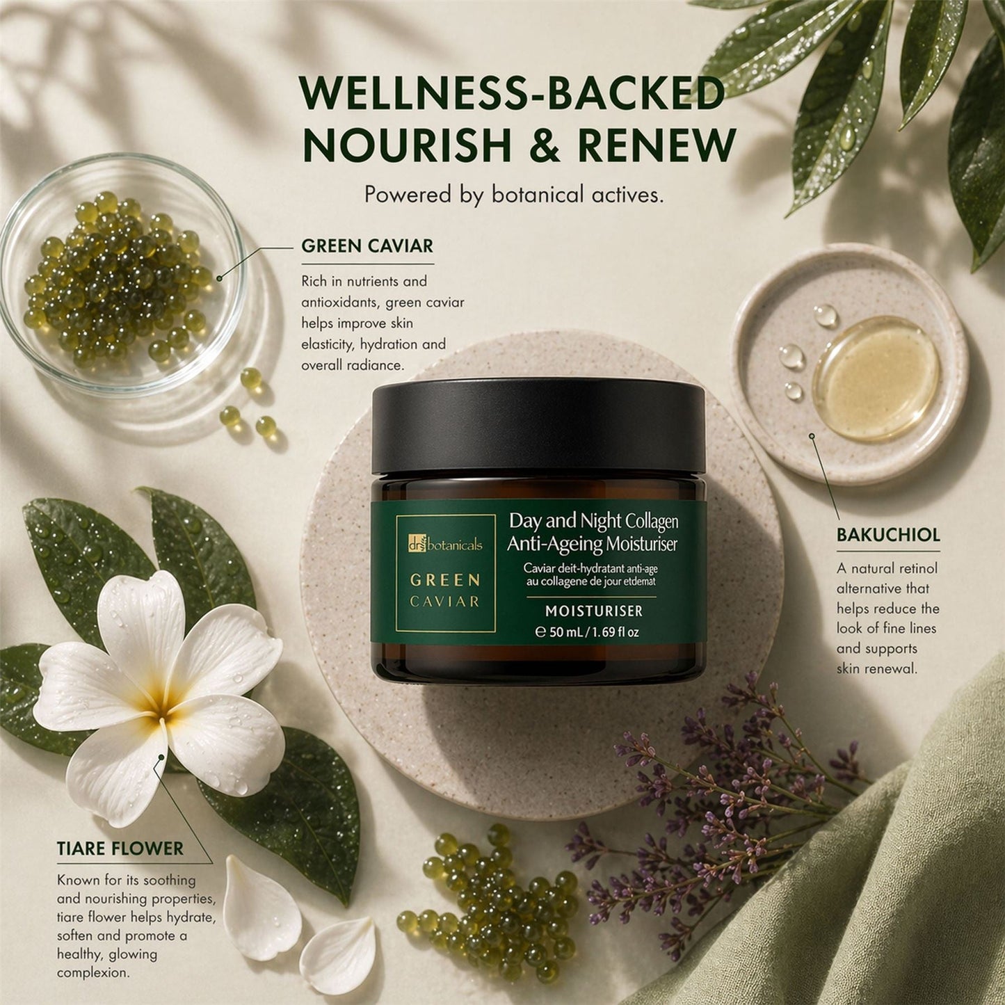 Cosmetic jar with botanical elements and text about wellness-backed skincare products.