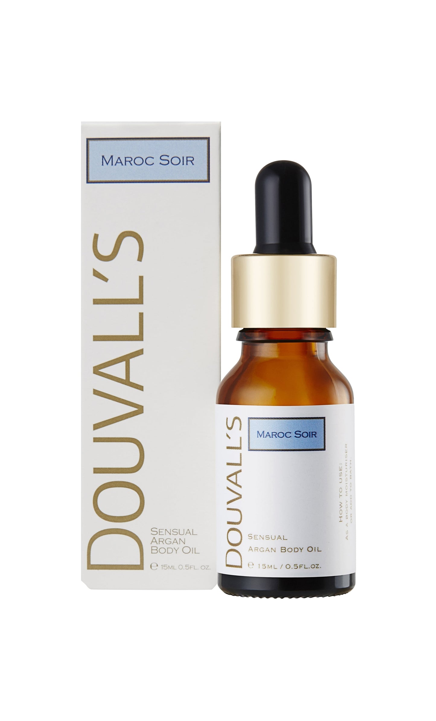 Douvall's Maroc Soir essential oil bottle with dropper and packaging on a white background