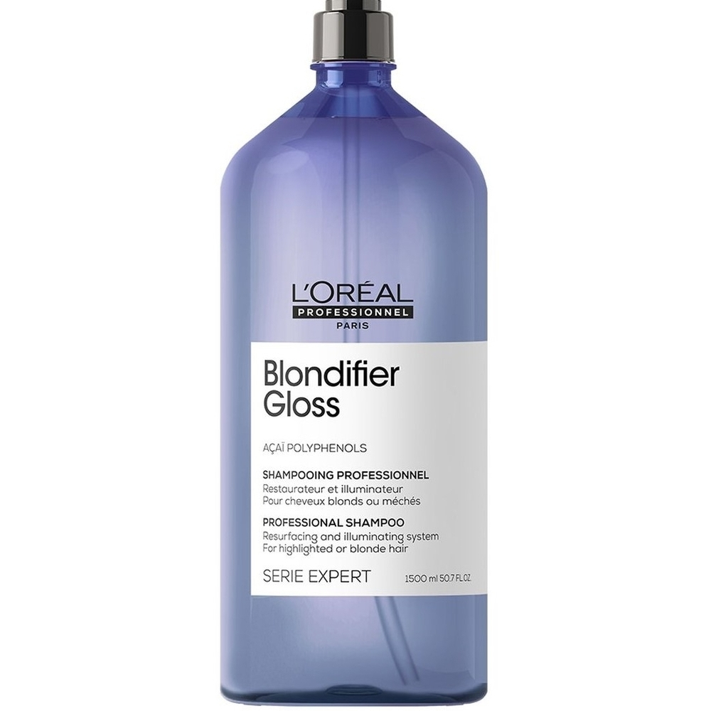 A bottle of L'Oreal Professionnel Serie Expert Blondifier Gloss Shampoo 1500ml, which is intended for blond or lightened hair.