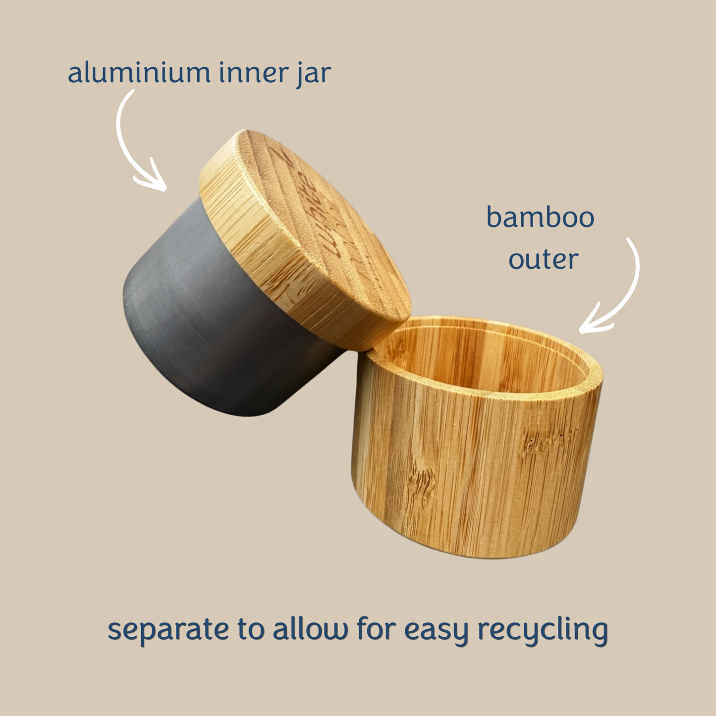 Bamboo container with aluminium inner jar on a beige background