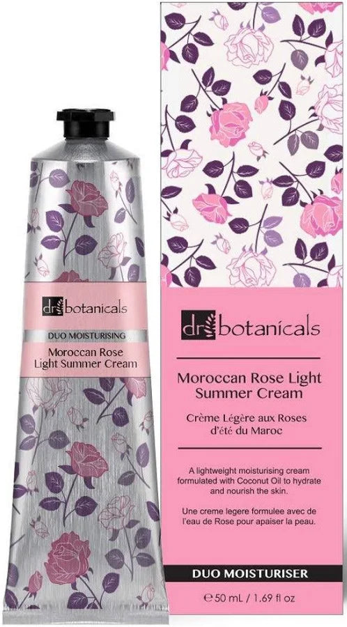 A tube and box of Dr. Botanicals Moroccan Rose Light Summer Cream, featuring a silver tube and packaging with a pink and purple rose floral pattern.