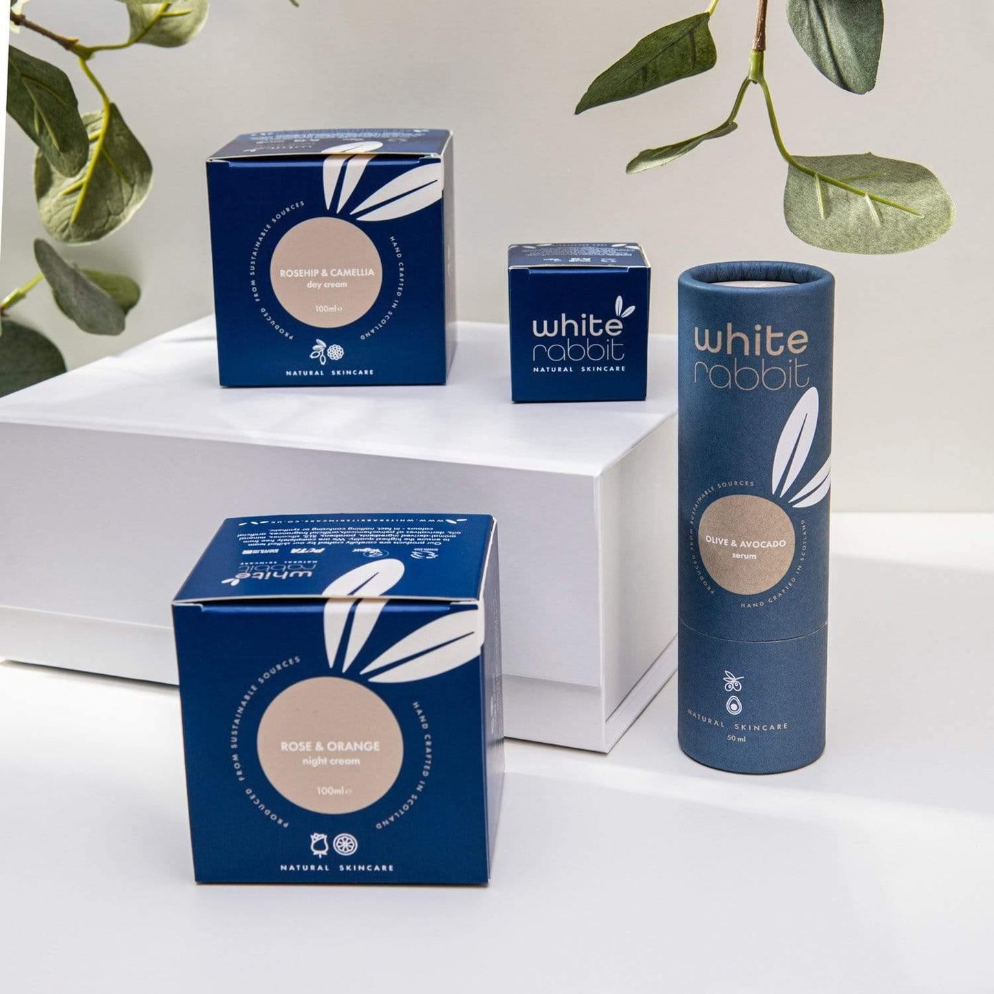 White Rabbit skincare products on a white surface with green leaves in the background