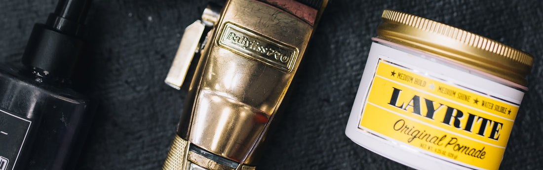Men's grooming essentials - shaving brush and skincare flatlay
