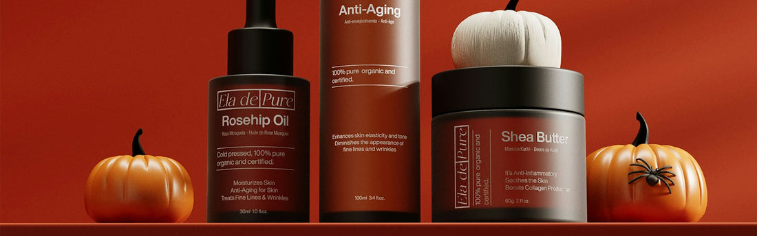 Skincare products arranged with small pumpkins for an autumn beauty routine