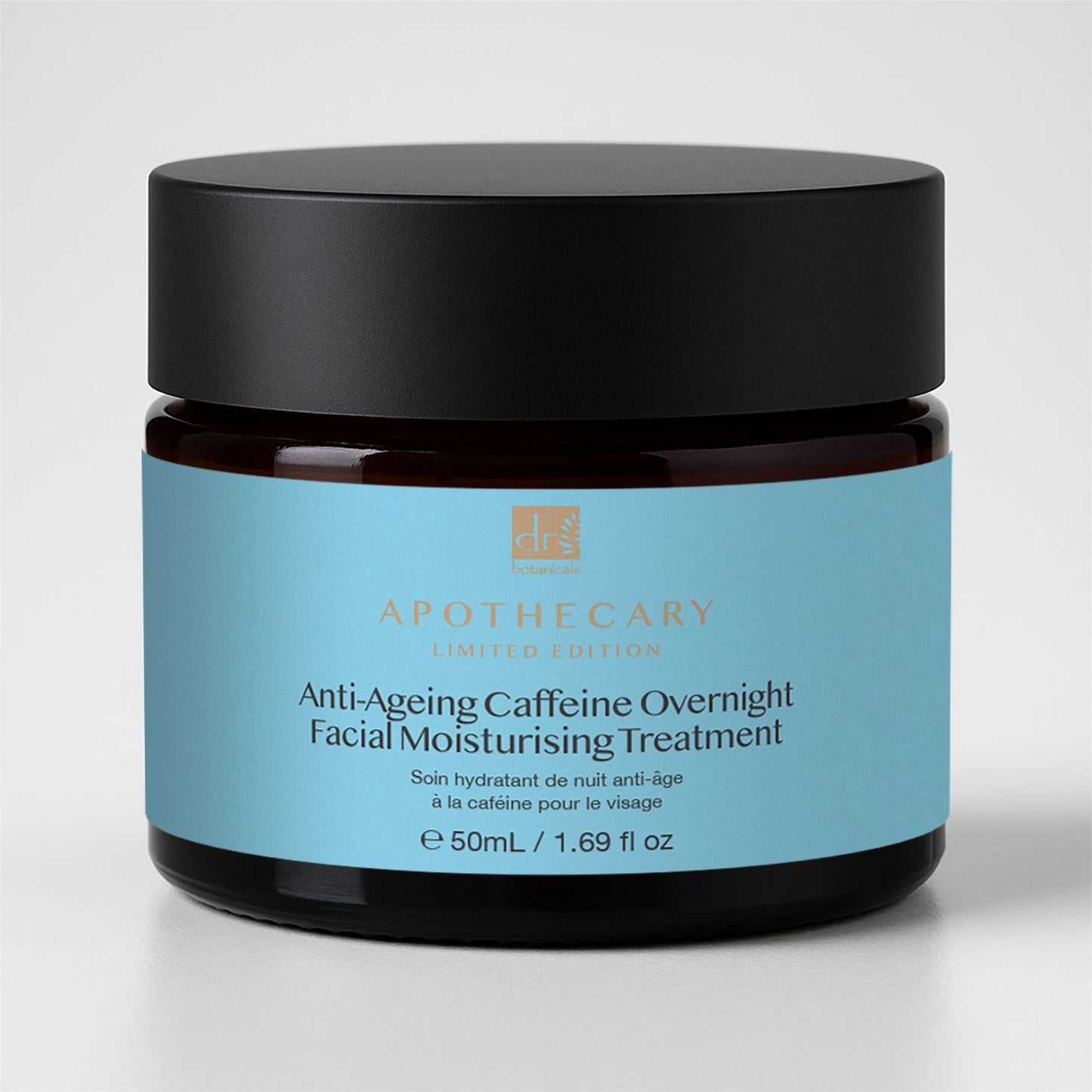 skinChemists Anti-Ageing Caffeine Overnight Facial Treatment 50ml with blue label and black lid on a light grey background