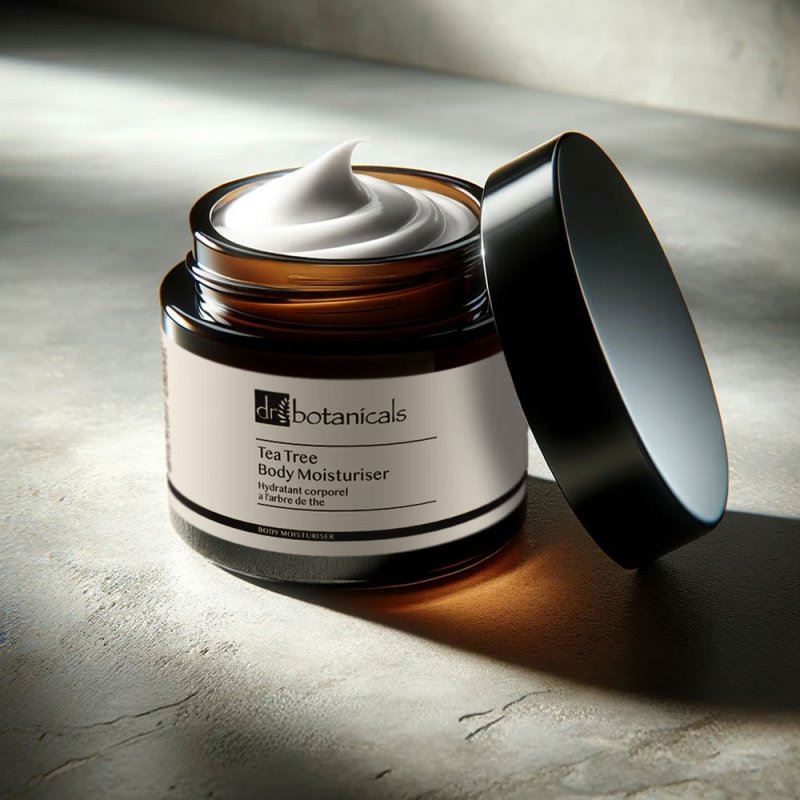 Jar of tea tree body moisturizer with a black lid on a textured surface