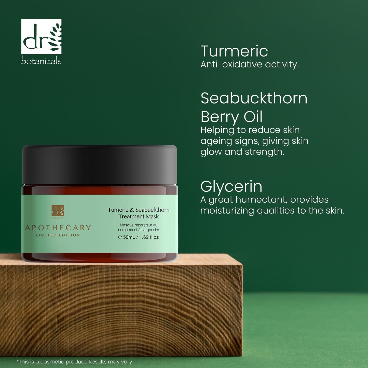 Jar of skincare product with green background and text about ingredients