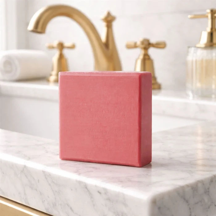 Dr Botanicals La Rose Française Facial Cleansing Bar on a marble countertop with gold faucet in the background