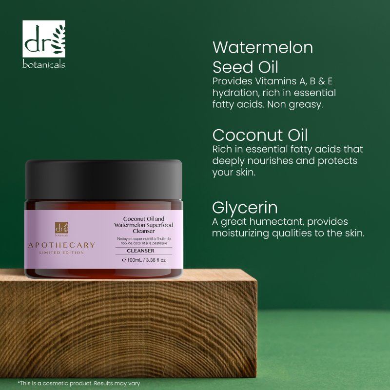 Jar of coconut oil and watermelon seed oil cleanser on a wooden block with green background and product details.
