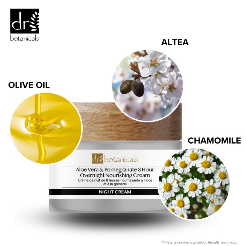 Dr Botanicals aloe vera and pomegranate night cream with olive oil, altea, and chamomile ingredients on a white background.