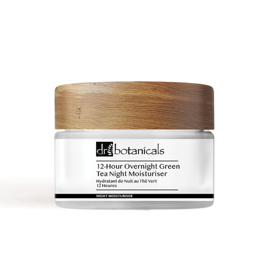 Dr. Botanicals 12-Hour Overnight Green Tea Night Moisturizer jar with wooden lid on a white background
