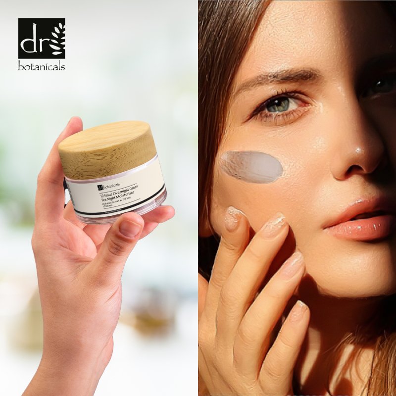 Dr Botanicals product with a close-up of a woman's face applying cream.