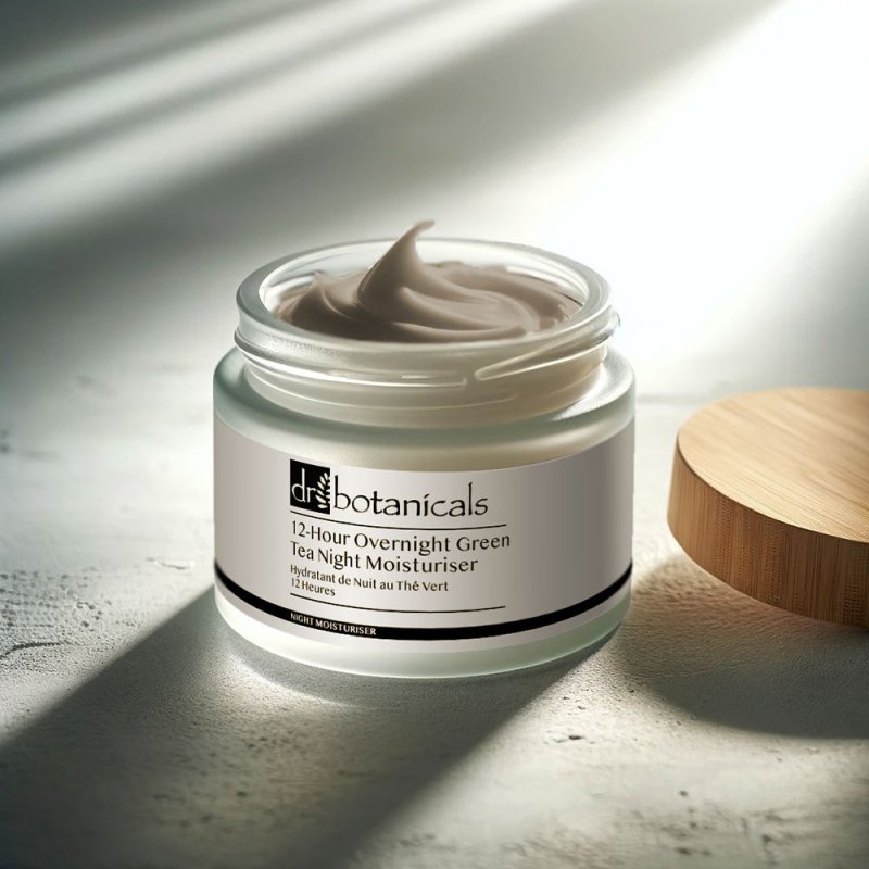 Jar of Dr Botanicals moisturizer on a wooden surface with natural light
