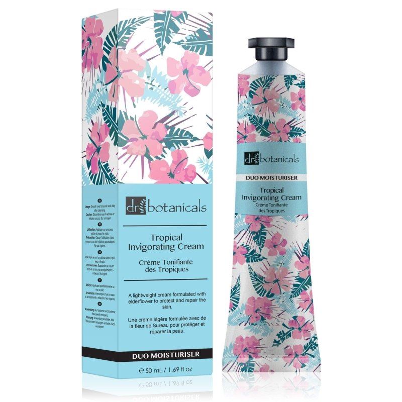 Dr. Botanicals Tropical Invigorating Cream packaging with floral design on a white background