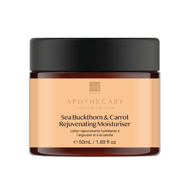 Jar of Sea Buckthorn & Carrot Rejuvenating Moisturizer with black lid on a white background