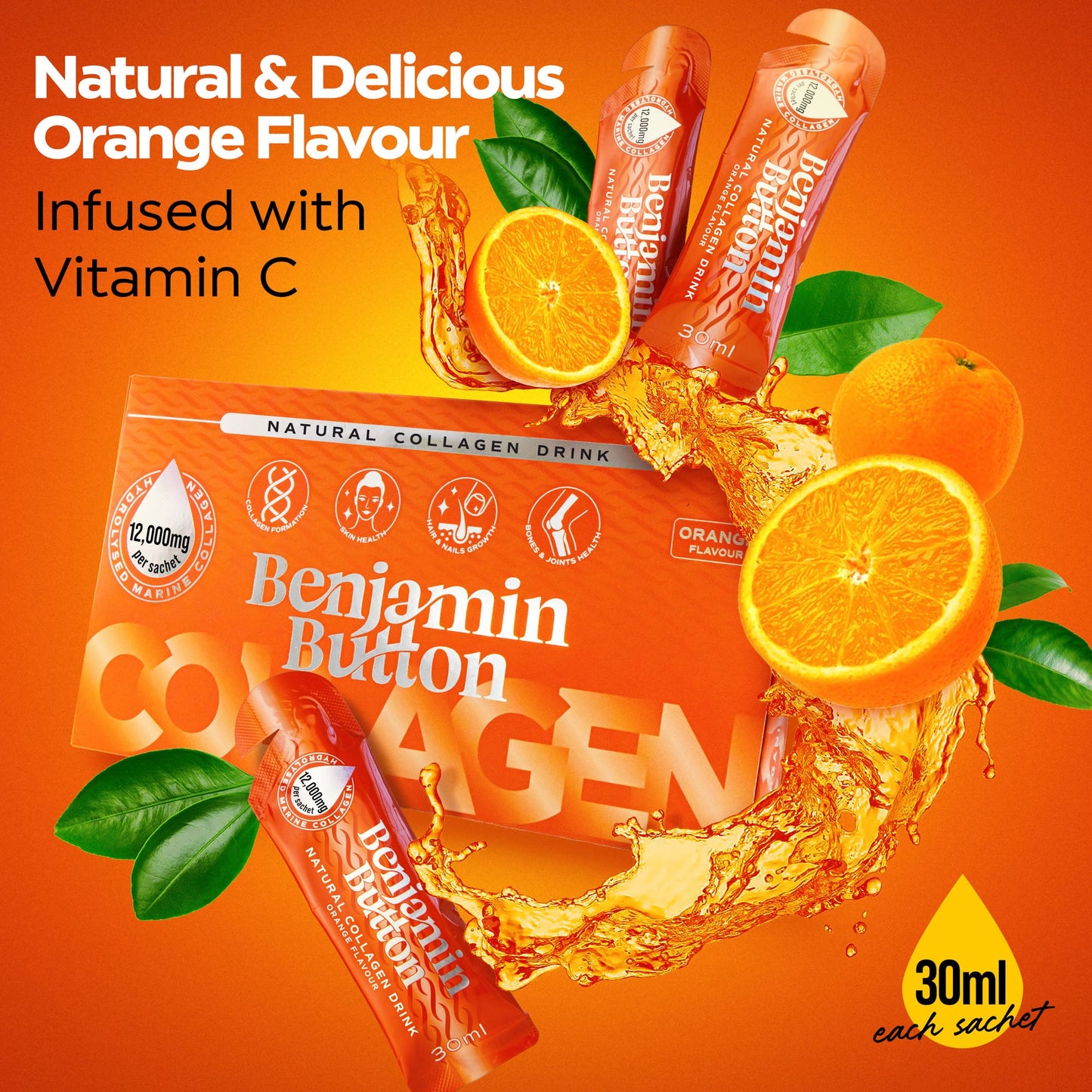 Benjamin Button 12,000mg Marine Collagen Liquid Sachets Orange 30ml x14