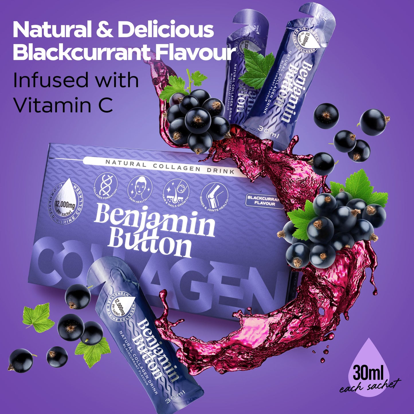 Benjamin Button 12,000mg Marine Collagen Liquid Sachets Blackcurrant 30ml x14