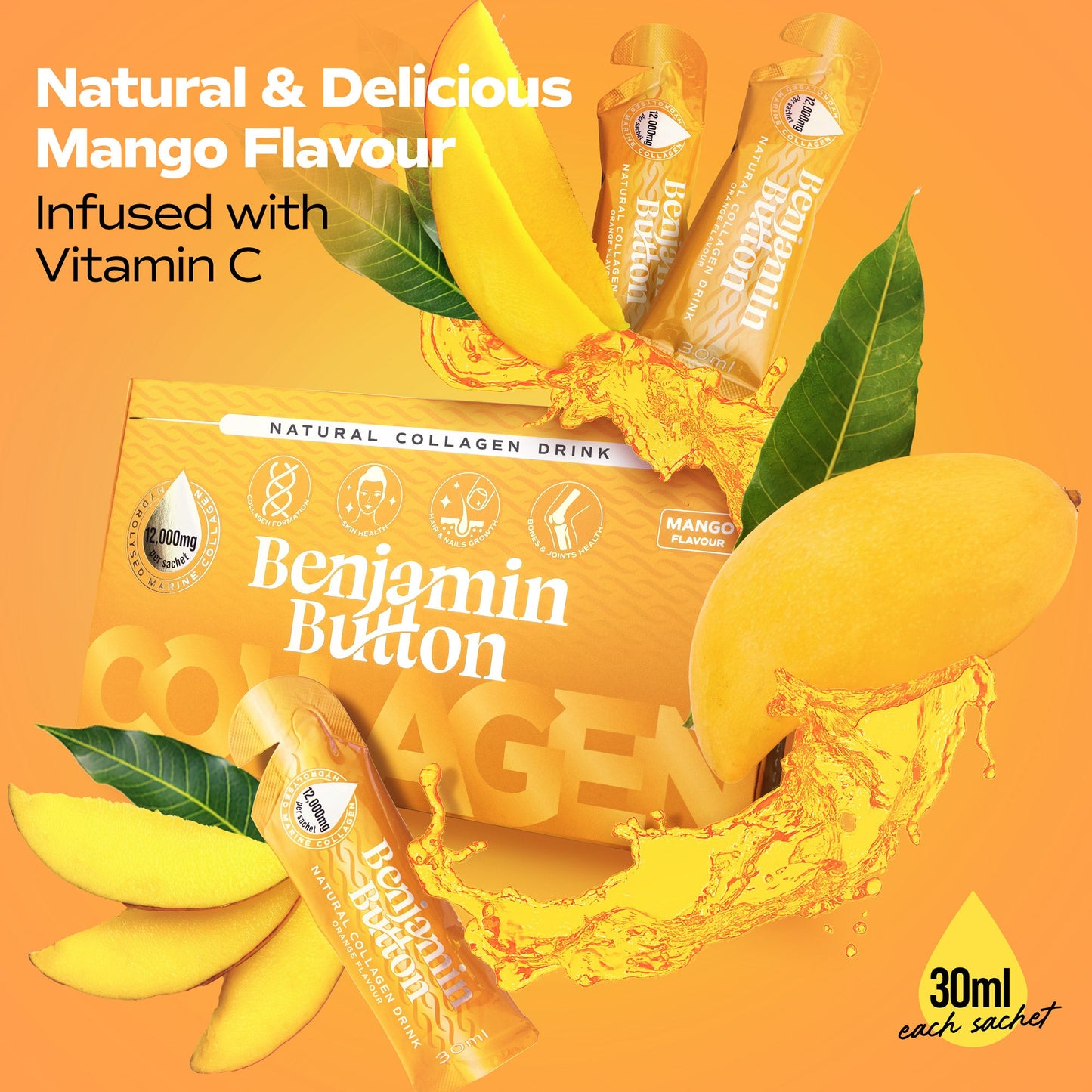 Benjamin Button 12,000mg Marine Collagen Liquid Sachets Mango 30ml x14