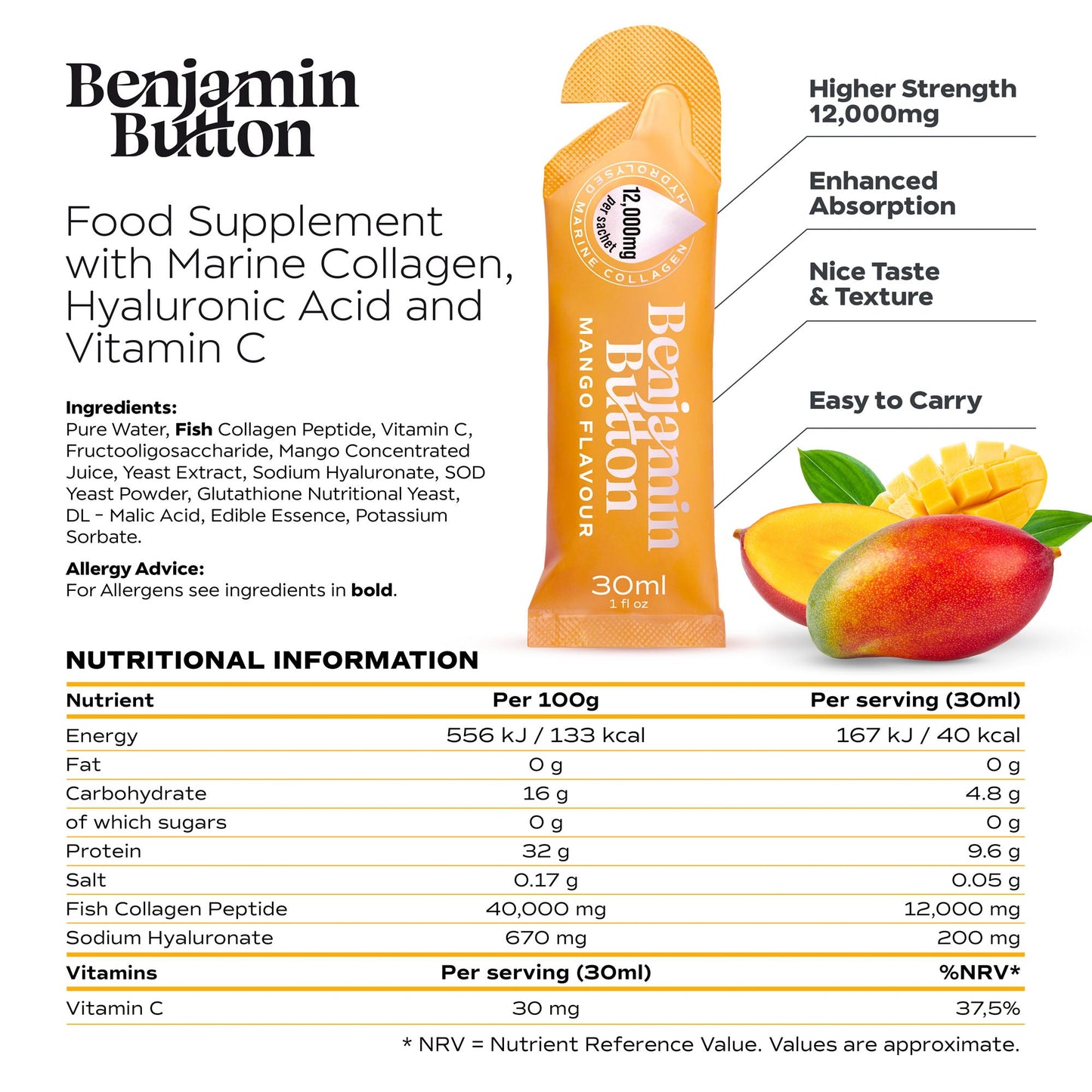 Benjamin Button 12,000mg Marine Collagen Liquid Sachets Mango 30ml x14
