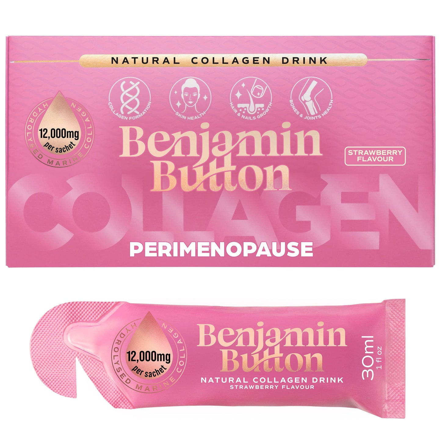 Benjamin Button 12,000mg Marine Collagen Liquid Sachets Strawberry 30ml x14