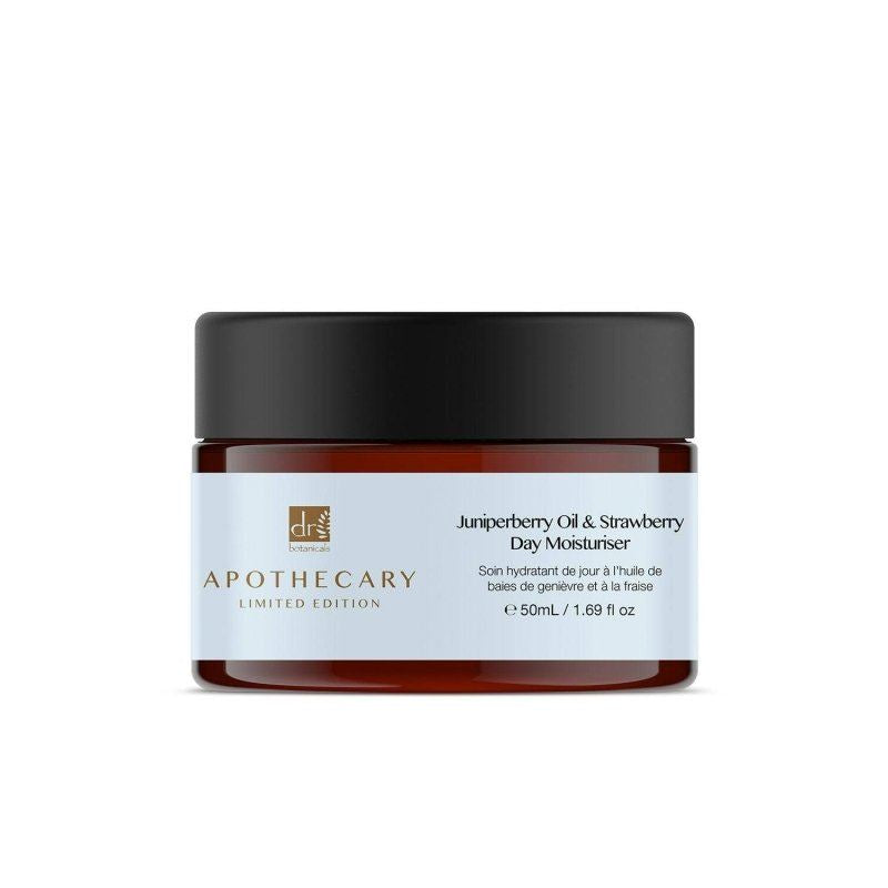 Day moisturizer jar with black lid and white label on a white background