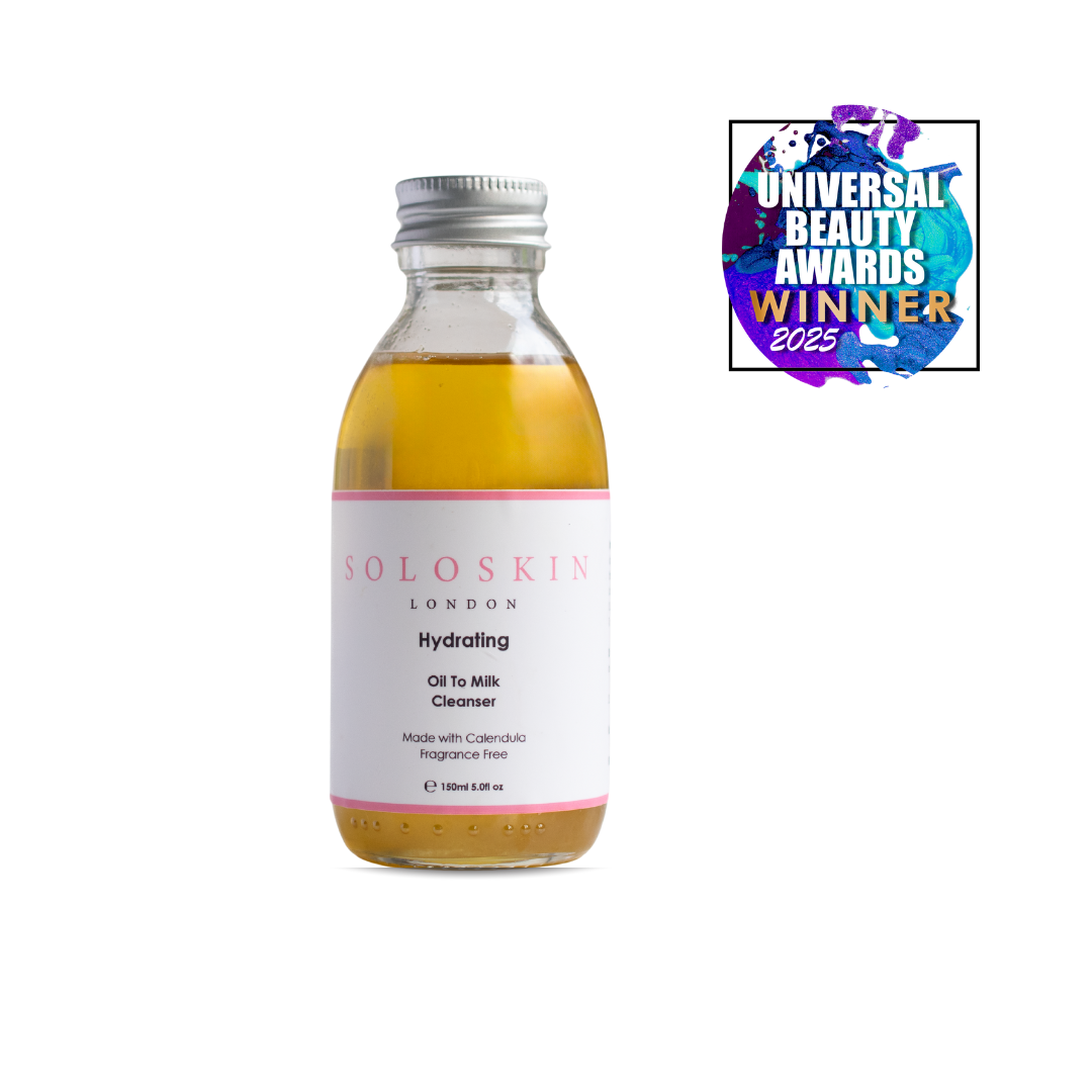 Bottle of Soloskin London Hydrating Oil To Milk Cleanser with a Universal Beauty Awards Winner badge on a white background