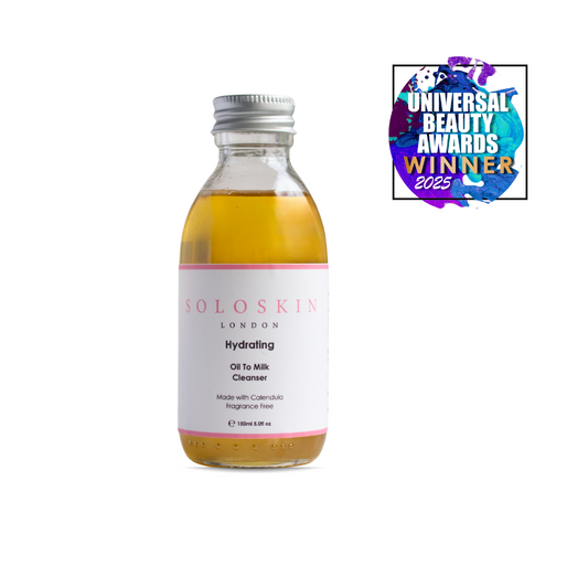 Bottle of Soloskin London Hydrating Oil To Milk Cleanser with a Universal Beauty Awards Winner badge on a white background