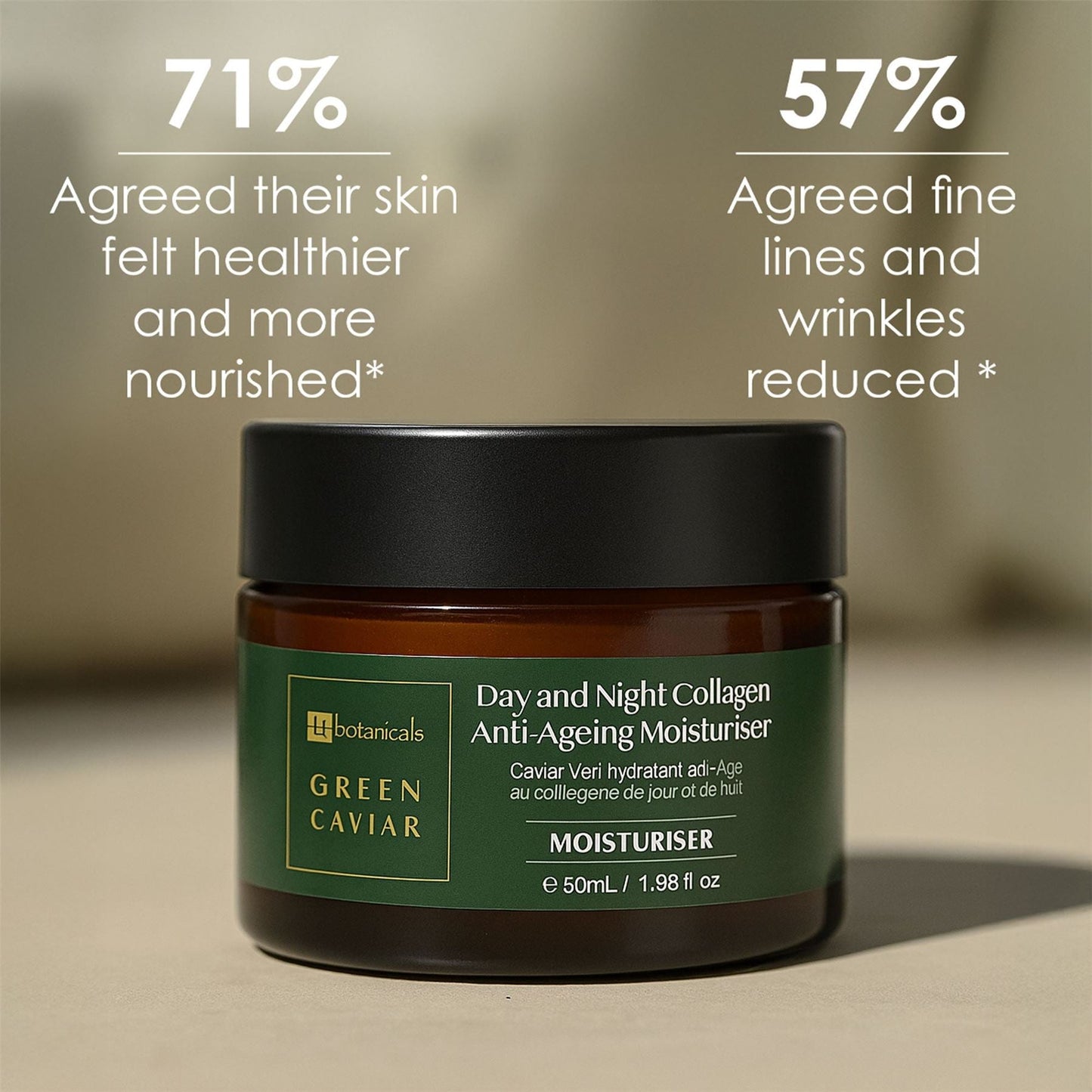 Green caviar anti-aging moisturizer jar with user feedback text on a beige background