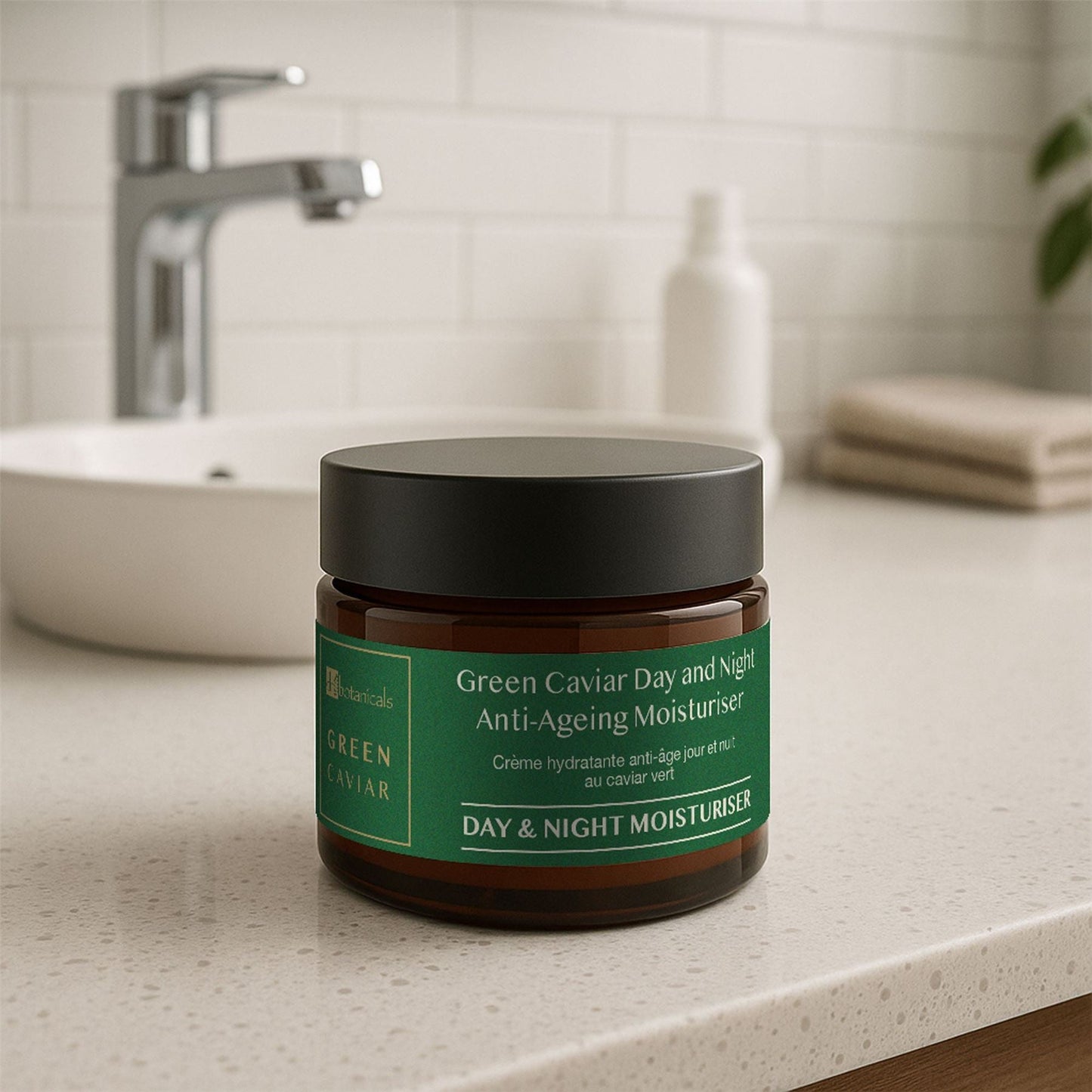 Jar of Green Caviar Day and Night Anti-Ageing Moisturiser on a bathroom counter.