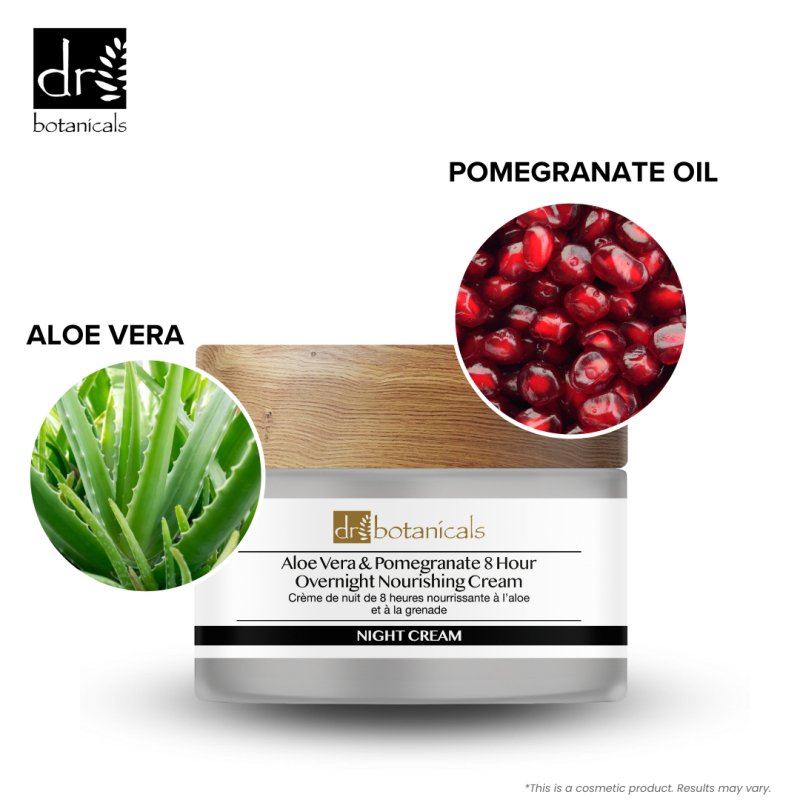 Dr Botanicals Aloe Vera & Pomegranate Oil Night Cream with ingredient insets on a white background
