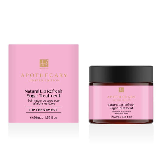 Apothecary Natural Lip Refresh Sugar Treatment jar and pink packaging on a white background