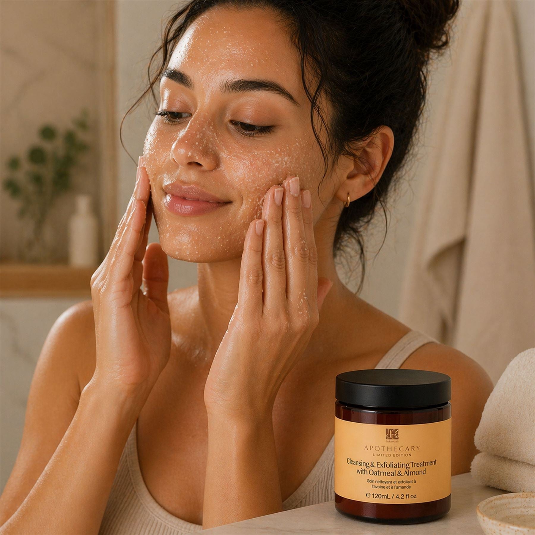 Woman applying a facial treatment product with a jar of the same product in the foreground.