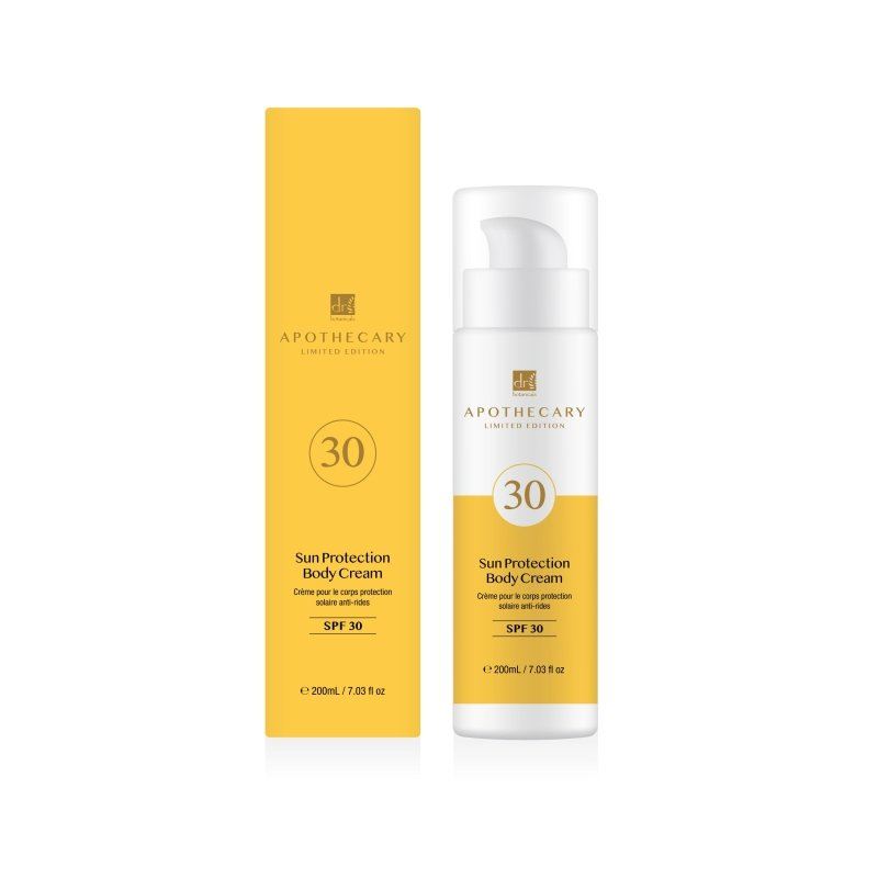 Apothecary sun protection body cream with packaging on a white background