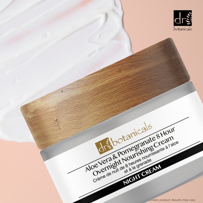 Dr Botanicals Aloe Vera & Pomegranate 8 Hour Overnight Nourishing Cream packaging on a light pink background