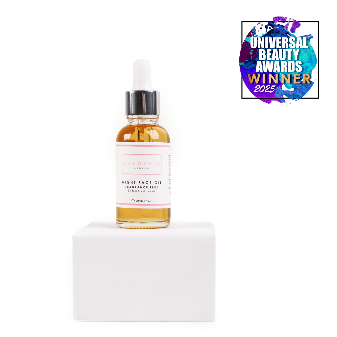 Bottle of night face oil on a white background with 'Universal Beauty Awards Winner 2025' badge.
